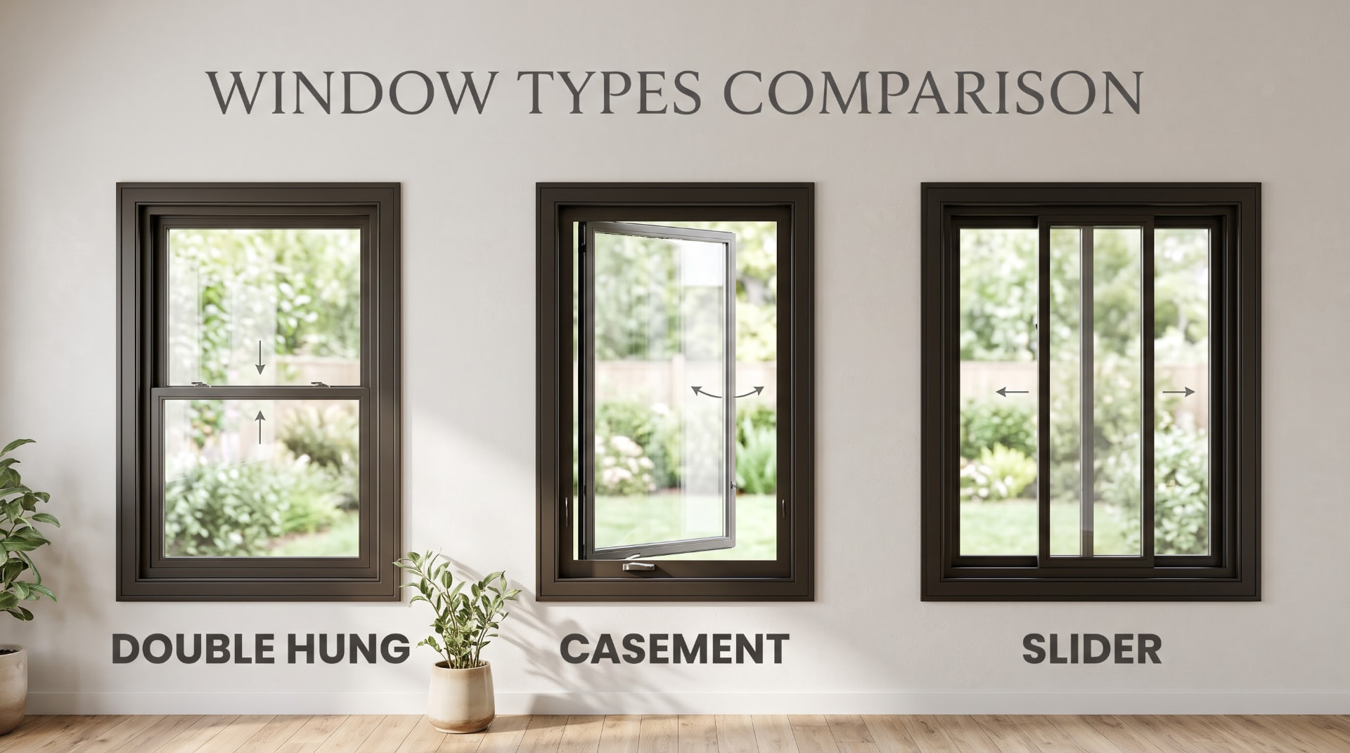 Window types comparison: double hung slides up and down, casement cranks or swings out, slider slides side to side