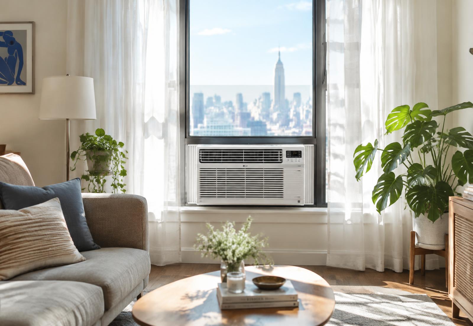 Window AC unit installed in a bright New York apartment